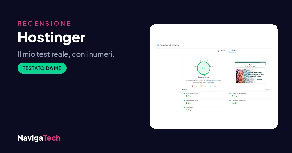 Recensione Hostinger con test PageSpeed reale