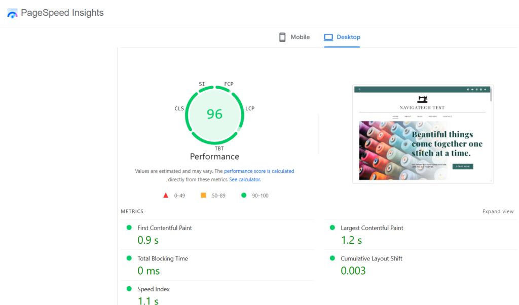 Punteggio Google PageSpeed di Hostinger su desktop: 96 su 100 nel test NavigaTech