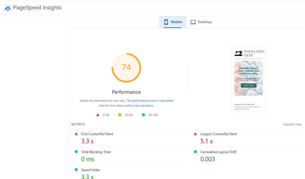 Punteggio Google PageSpeed di Hostinger su mobile: 74 su 100 nel test NavigaTech
