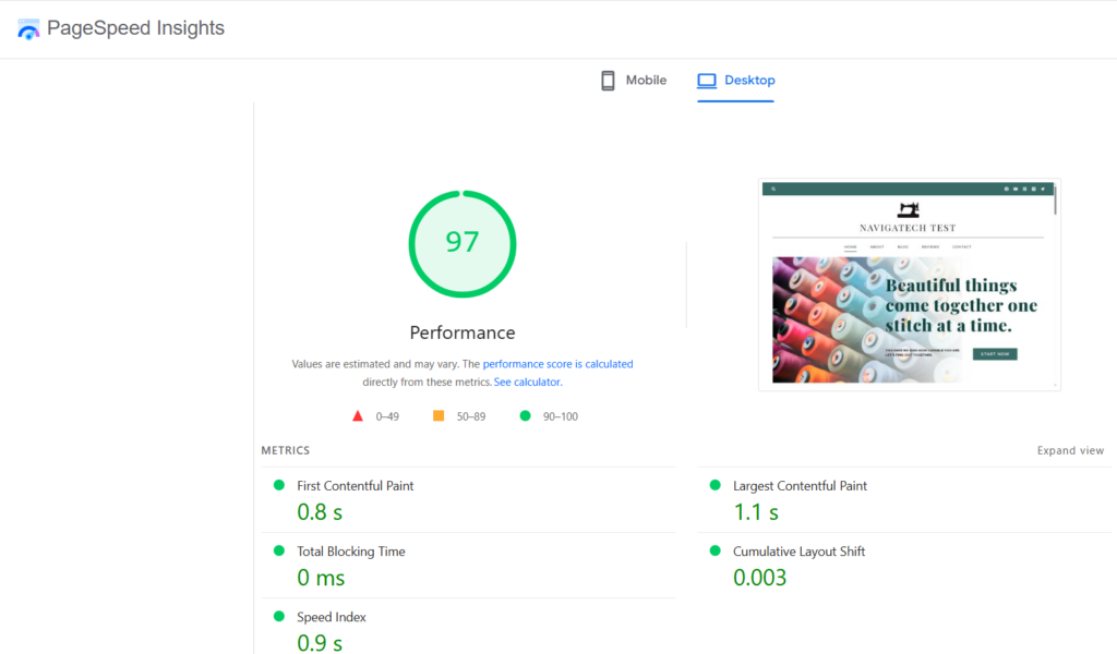 Punteggio Google PageSpeed di IONOS su desktop: 97 su 100 nel test NavigaTech