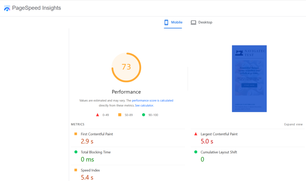 Punteggio Google PageSpeed di IONOS su mobile: 73 su 100 nel test NavigaTech
