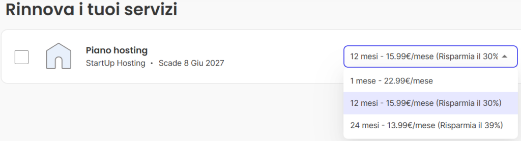Opzioni di rinnovo SiteGround StartUp: 15,99€ al mese per 12 mesi, 13,99€ al mese per 24 mesi