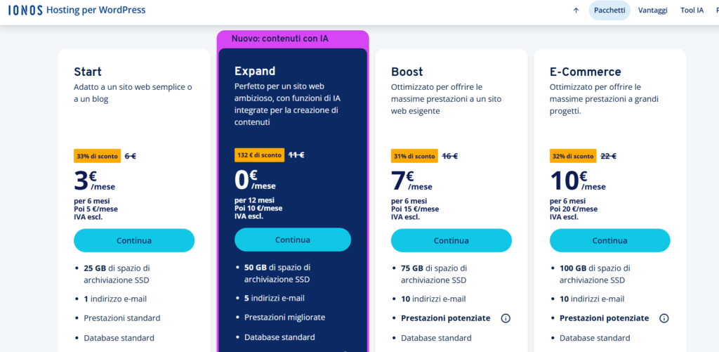Listino IONOS Hosting WordPress: piano Expand gratis per 12 mesi, poi 10€ al mese IVA esclusa