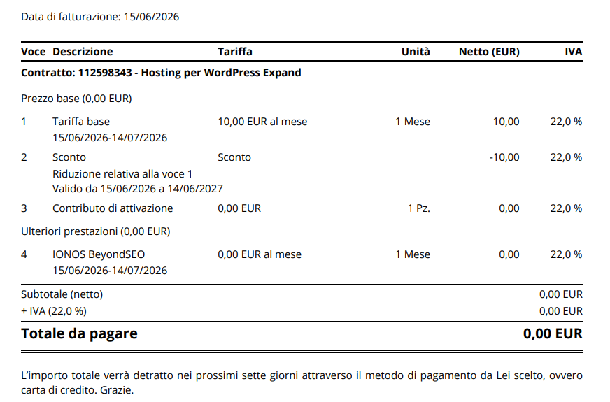 Conferma d'ordine IONOS: piano Hosting WordPress Expand gratis per 12 mesi