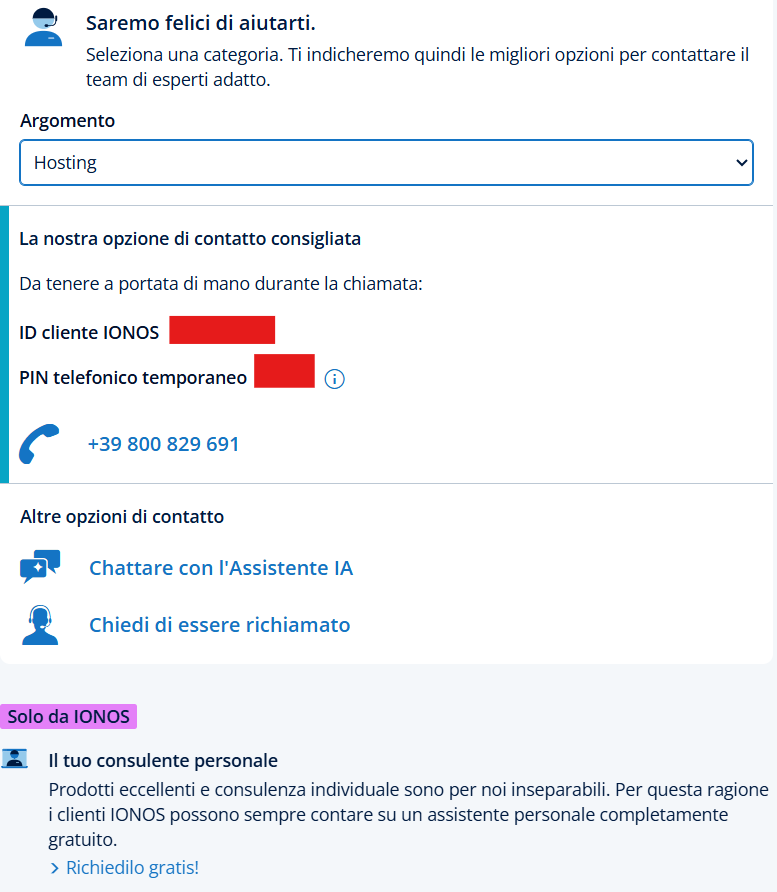 Opzioni di assistenza IONOS in italiano: numero verde, chat, assistente IA e consulente personale