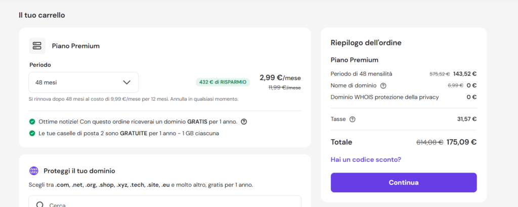 Prezzo Hostinger Premium: 143,52€ per 48 mesi (2,99€ al mese), rinnovo 9,99€ al mese