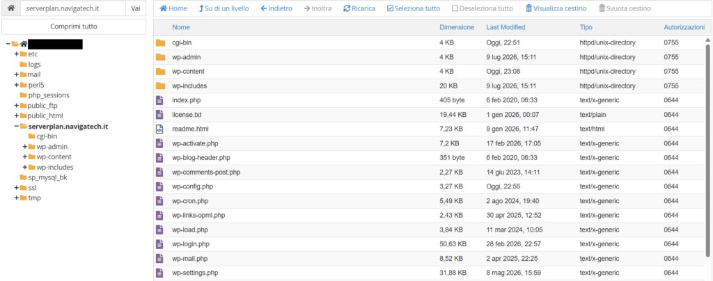 Gestore File con i file di WordPress nella cartella principale del sito, non in una sottocartella