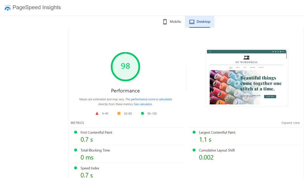 Punteggio Google PageSpeed di SiteGround su desktop: 98 su 100 nel test NavigaTech