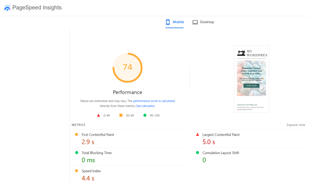 Punteggio Google PageSpeed di SiteGround su mobile: 74 su 100 nel test NavigaTech