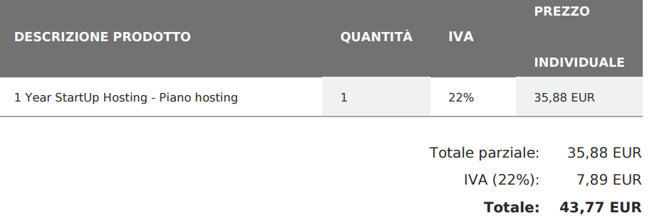 Fattura SiteGround StartUp primo anno: 35,88€ più IVA al 22%, totale 43,77€