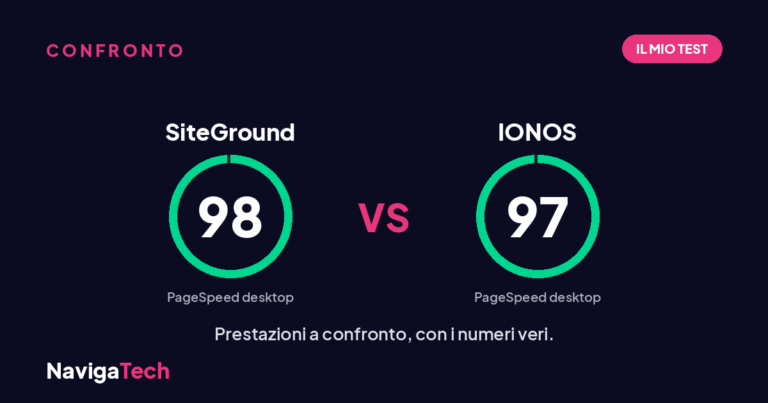 SiteGround vs IONOS: il confronto NavigaTech, PageSpeed 98 contro 97 su desktop nel mio test.