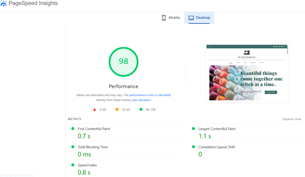 Punteggio Google PageSpeed di Aruba su desktop, 98/100, nel test NavigaTech