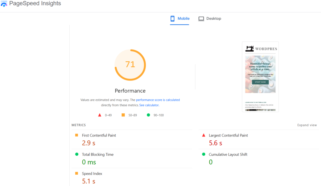 Punteggio Google PageSpeed di Aruba su mobile, 71/100, nel test NavigaTech