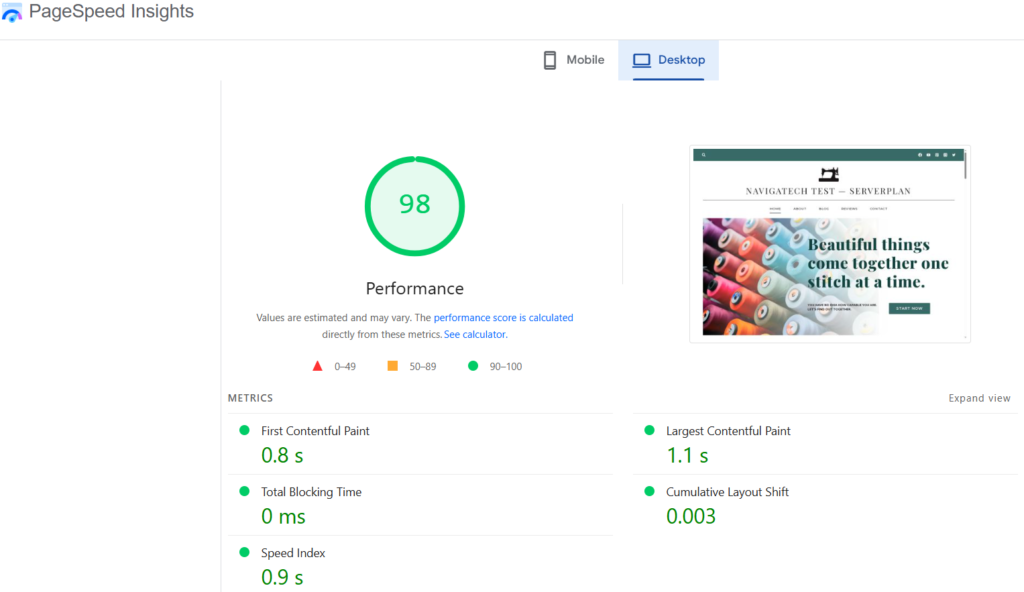 Punteggio Google PageSpeed di Serverplan su desktop, 98/100, nel test NavigaTech