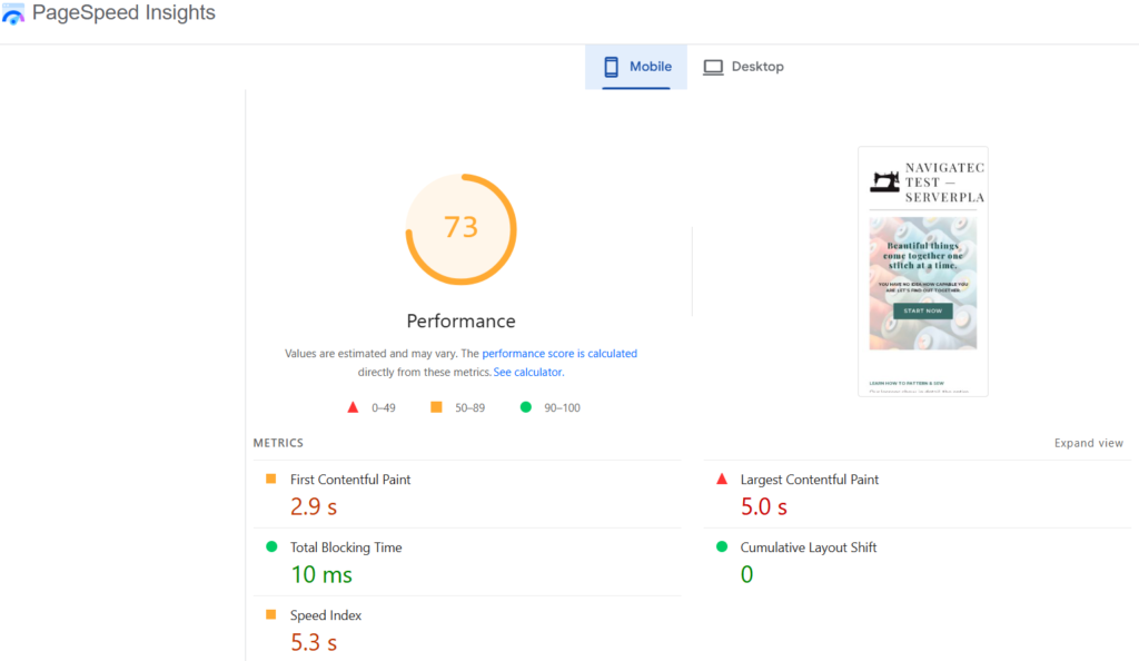 Punteggio Google PageSpeed di Serverplan su mobile, 73/100, nel test NavigaTech