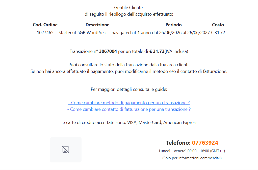 Fattura Serverplan Starterkit 5GB WordPress, 31,72€ IVA inclusa per un anno