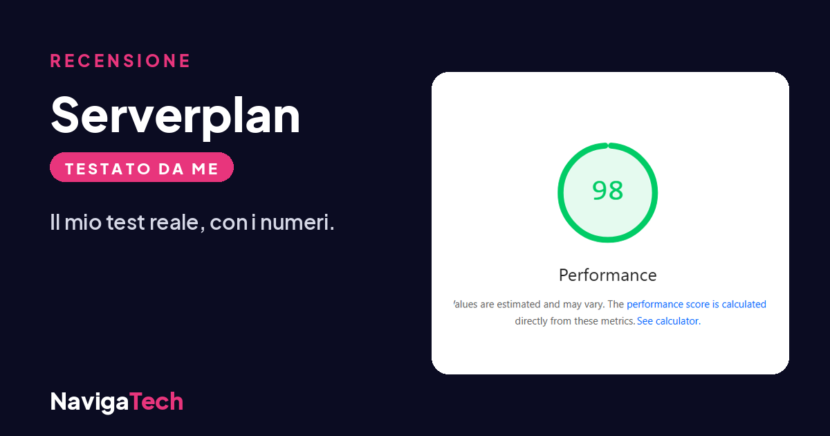 Recensione Serverplan di NavigaTech: il mio test reale, PageSpeed 98 su desktop.