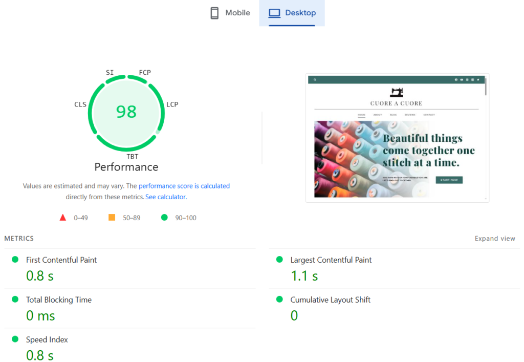 Punteggio Google PageSpeed di Cloud86 su desktop, 98/100, nel test NavigaTech 