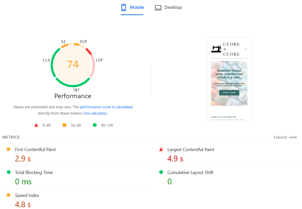 Punteggio Google PageSpeed di Cloud86 su mobile, 74/100, nel test NavigaTech