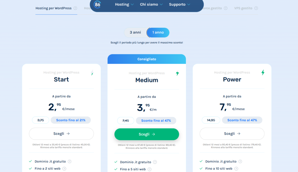 Listino Cloud86 piano Start: 2,95€/mese annuale, 35,40€ il primo anno