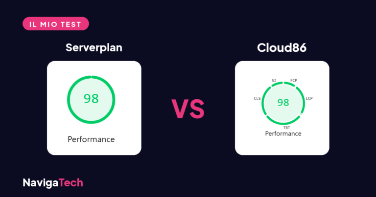Confronto PageSpeed Serverplan 98 vs Cloud86 98 su desktop nel test NavigaTech.