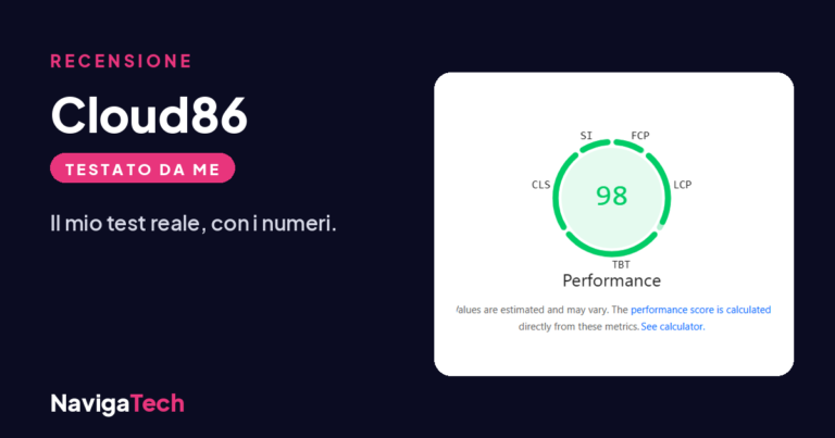 Recensione Cloud86 di NavigaTech: il mio test reale, PageSpeed 98 su desktop.
