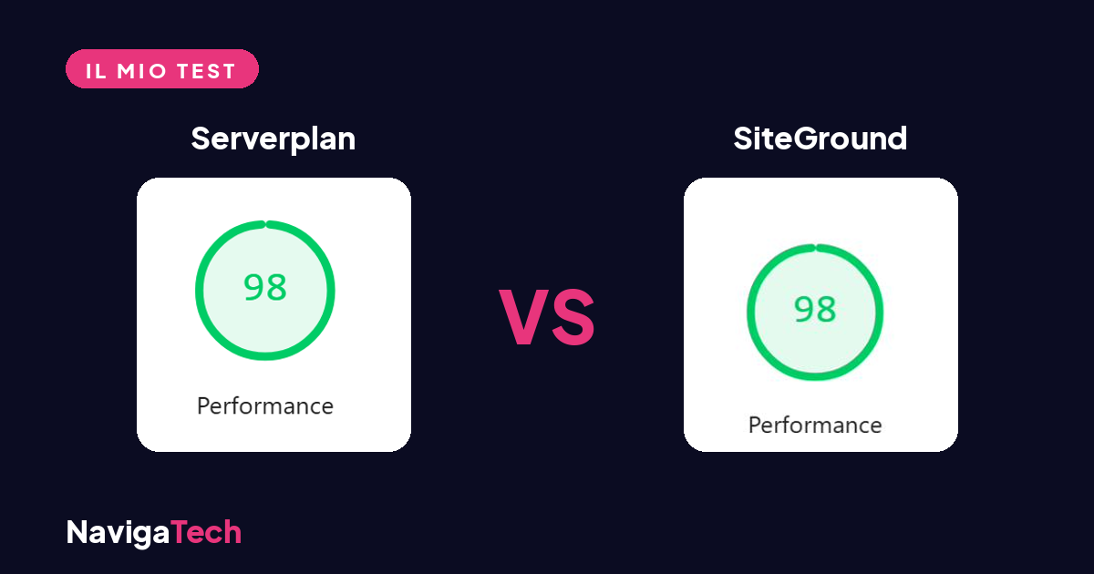 Confronto PageSpeed Serverplan 98 vs SiteGround 98 su desktop nel test NavigaTech.