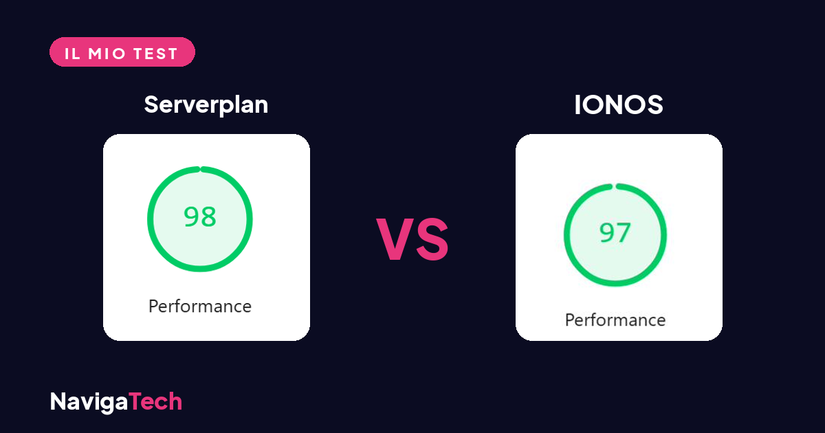 Confronto PageSpeed Serverplan 98 vs IONOS 97 su desktop nel test NavigaTech.